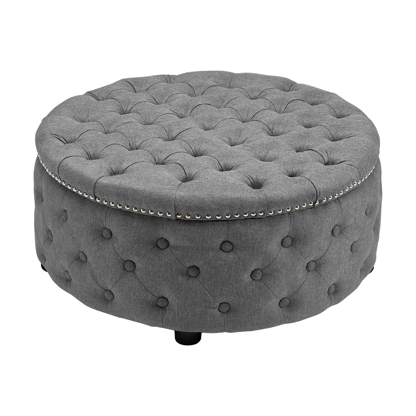 Round Linen Deep Buttoned Ottoman with Studded Edge
