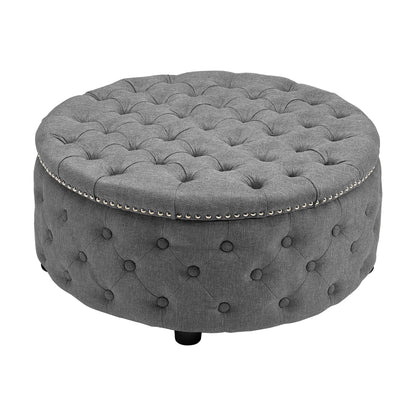 Round Linen Deep Buttoned Ottoman with Studded Edge