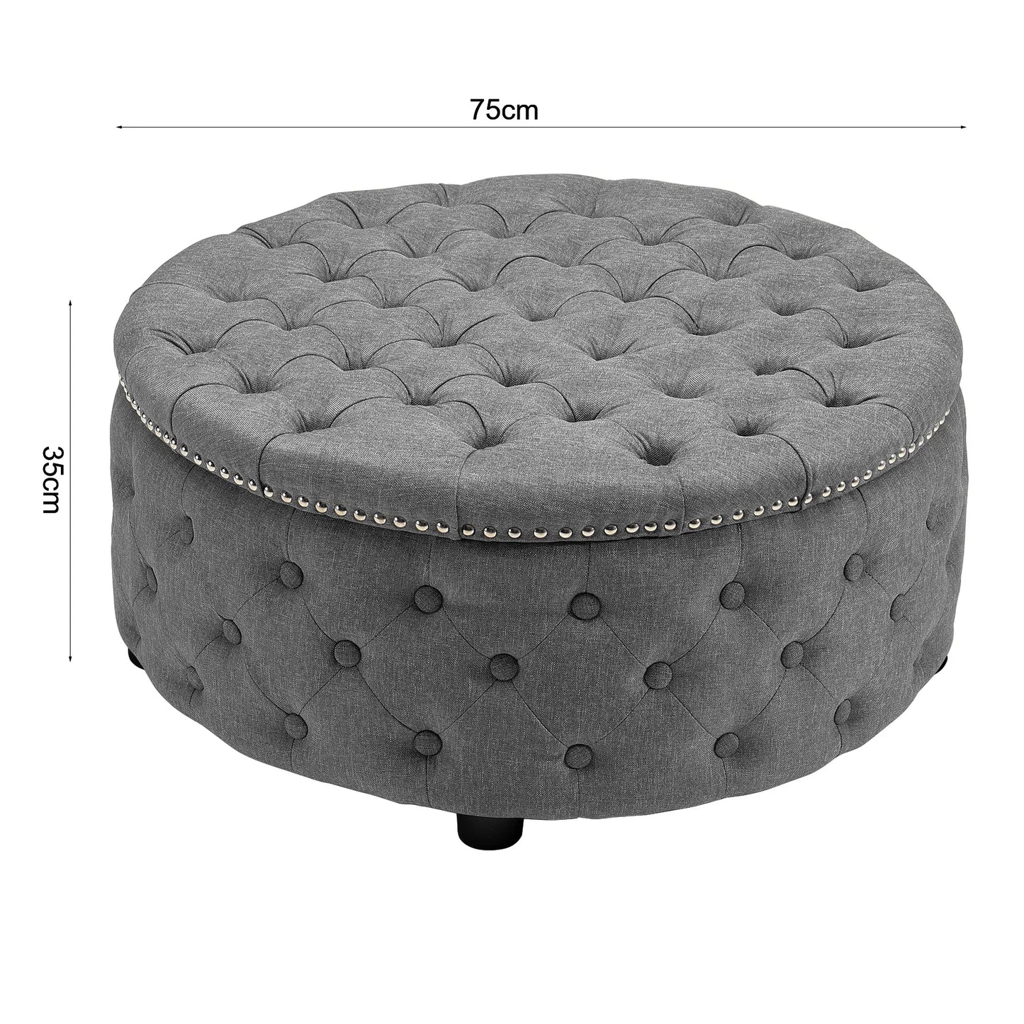Round Linen Deep Buttoned Ottoman with Studded Edge