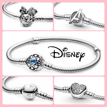 Disney 925 Sterling Silver Bracelet Moments Sparkling Mickey Mouse Heart Clasp Snake Chain Bracelet for Women DIY Charms Beads