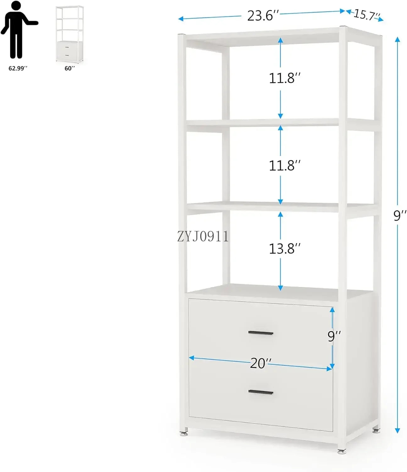 Bookcase 4-Tier White Bookshelf with 2 Drawers Etagere Standard Book Shelves Display Shelf for Home Office