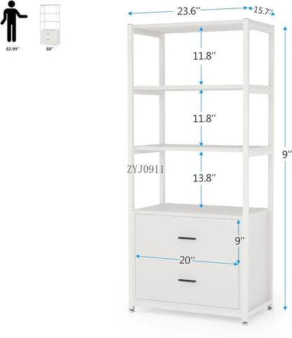 Bookcase 4-Tier White Bookshelf with 2 Drawers Etagere Standard Book Shelves Display Shelf for Home Office