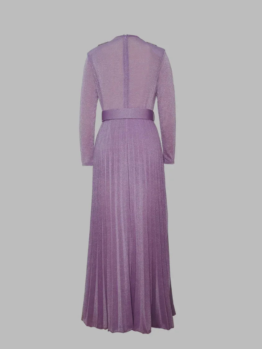 Tinaa Women Evening Dresses Belted Pleated Solid Color Split-side Long Sleeves Wrap V-neck Maxi Dresses for Ladies Party Dress