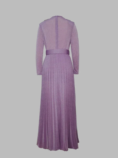 Tinaa Women Evening Dresses Belted Pleated Solid Color Split-side Long Sleeves Wrap V-neck Maxi Dresses for Ladies Party Dress