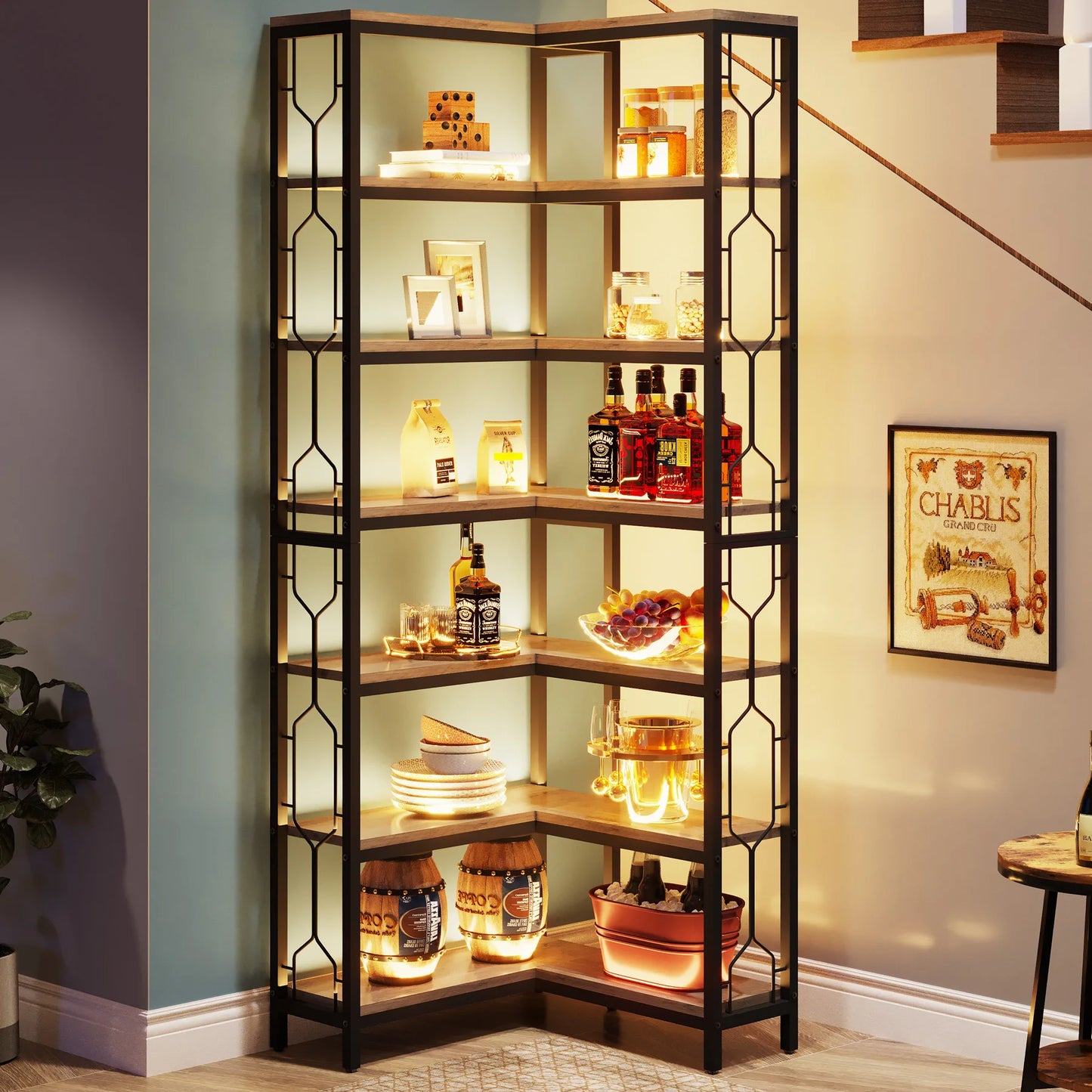 7-Shelf Corner Bookshelf,Large Modern Corner Bookcase, 7-Tier Tall Corner Shelf Storage Display Rack with Metal Frame