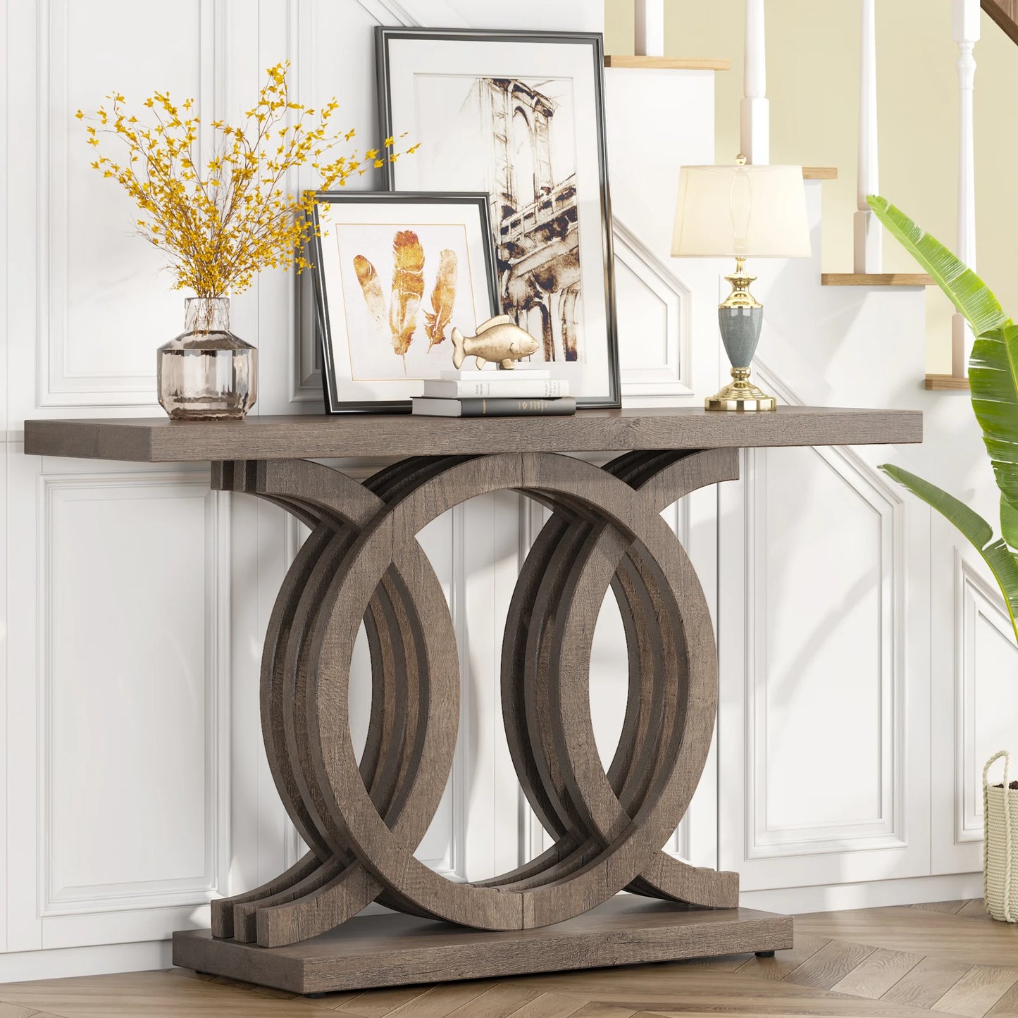 Entrance furniture modern antique rustic brown retro wood farmhouse entry hallway table console 140cm with Geometric Base