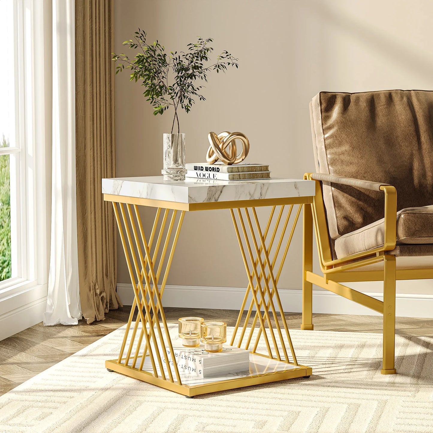 Square Side Table White Gold Side  Set of 2, 2-Tier End Table Modern Bedside Table Small Side