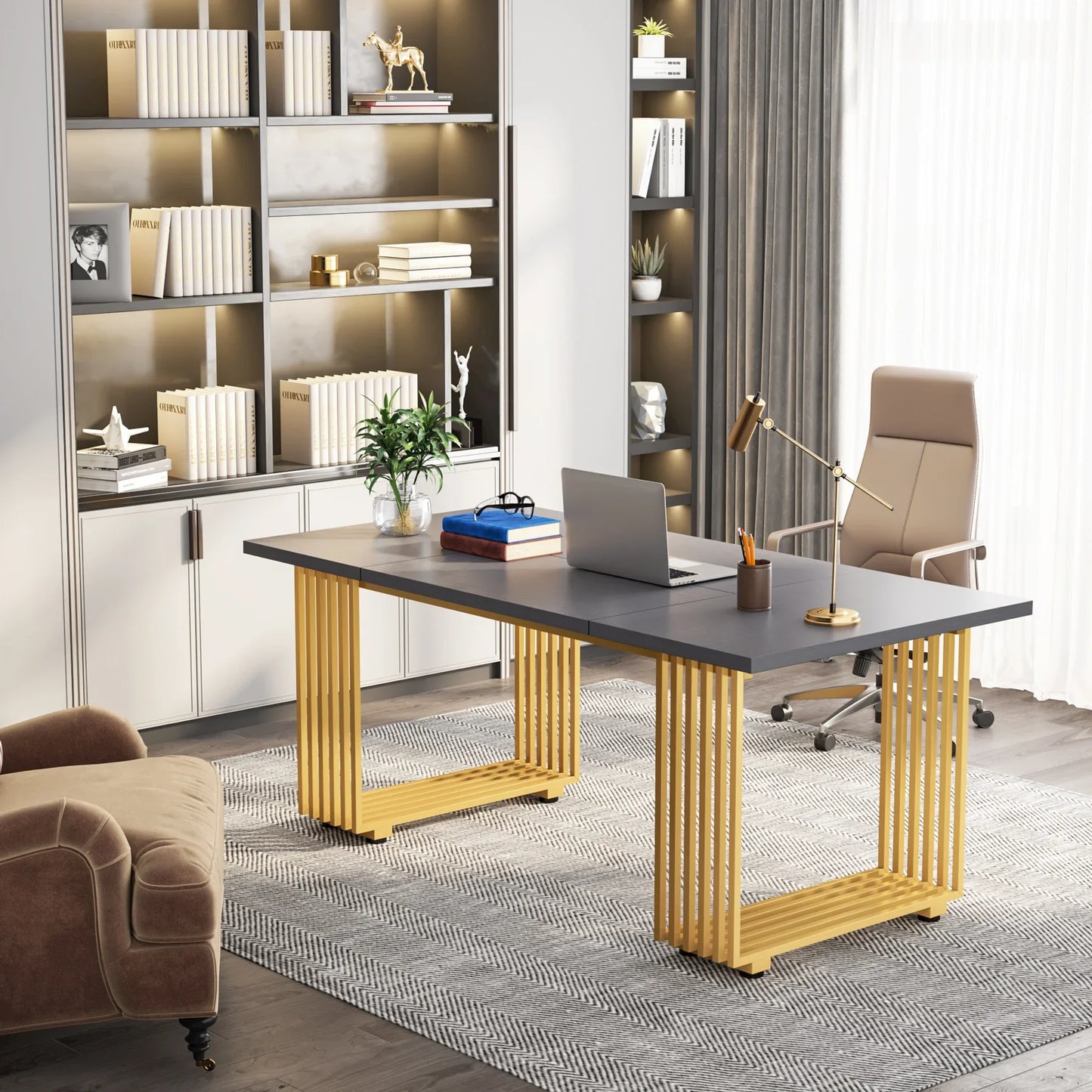 70.9" Modern Executive Desk, Wood Office Desk, Grey Simple Computer Desk with Gold Metal Legs, Large Workstation Busi