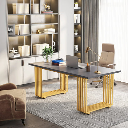 70.9" Modern Executive Desk, Wood Office Desk, Grey Simple Computer Desk with Gold Metal Legs, Large Workstation Busi