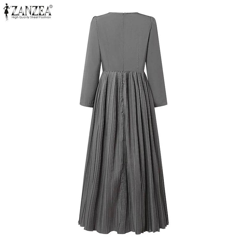 ZANZEA O Neck Plisse Maxi Dress Elegant High Waist Long Sleeve 2024 Fall Pleated Dress Women Commute Fashion A-line Vestidos