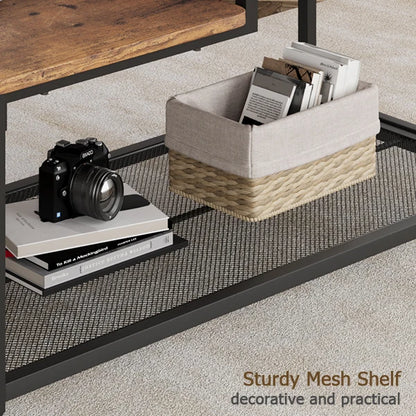 2-Tier Rustic Coffee Table Center Table with Mesh Shelf Rectangle Storage Cocktail Table Metal Frame for Living Room