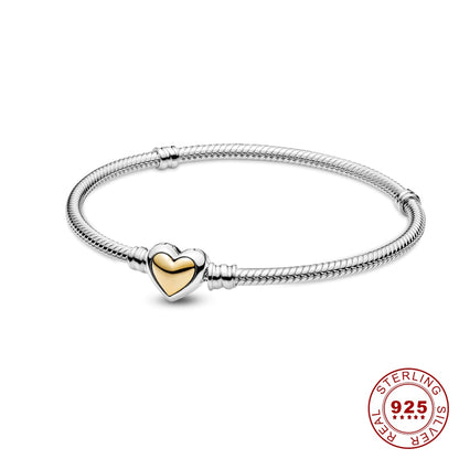 Disney 925 Sterling Silver Bracelet Moments Sparkling Mickey Mouse Heart Clasp Snake Chain Bracelet for Women DIY Charms Beads