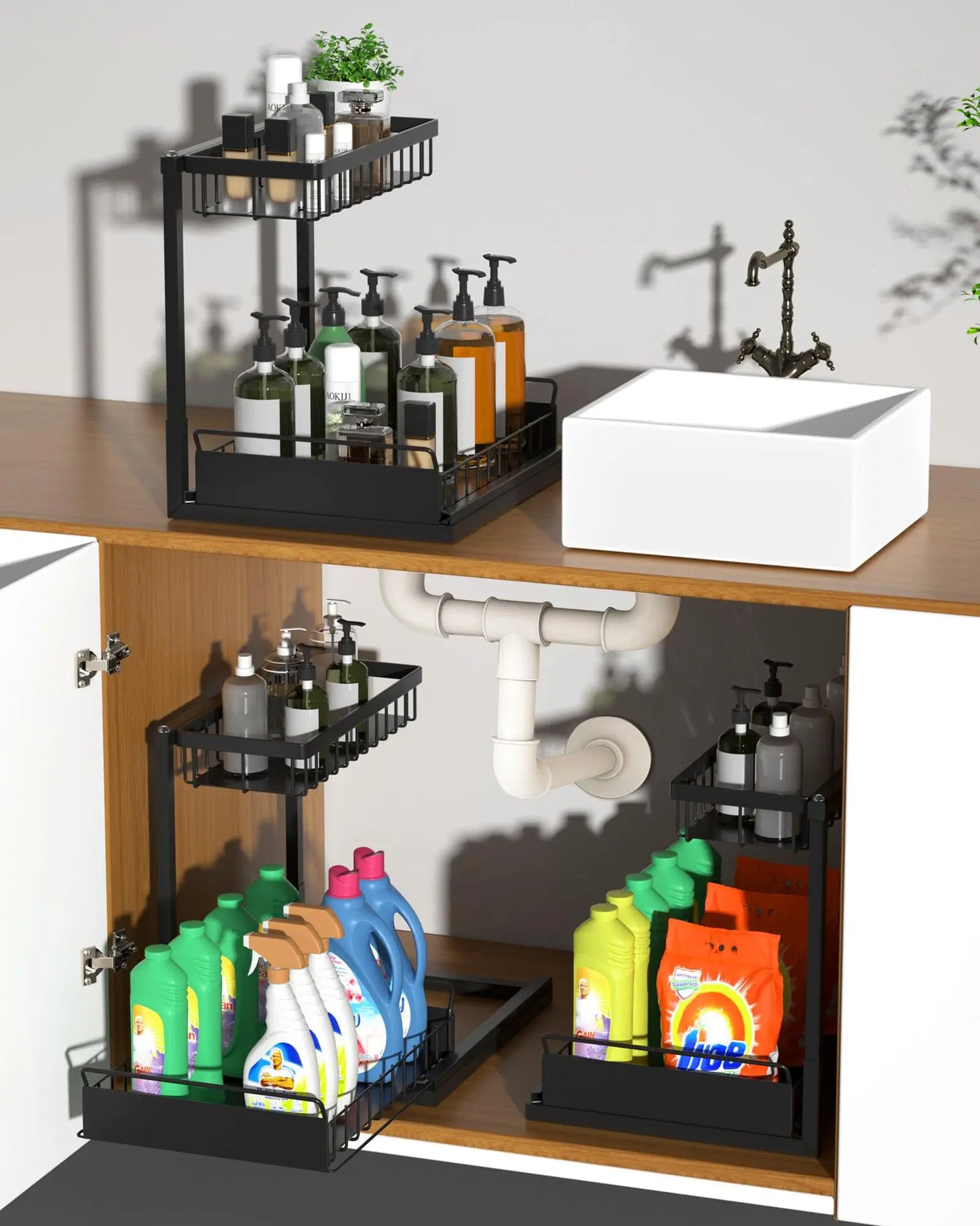 Under Sink Organizer and Storage, Pull Out Cabinet Organizer 2 Tier Slide Out Sink Shelf Cabinet Storage Shelves for Kitchen