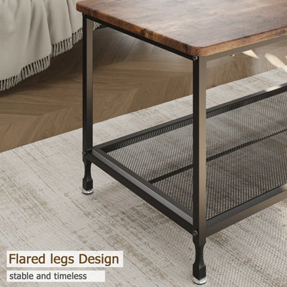 2-Tier Rustic Coffee Table Center Table with Mesh Shelf Rectangle Storage Cocktail Table Metal Frame for Living Room