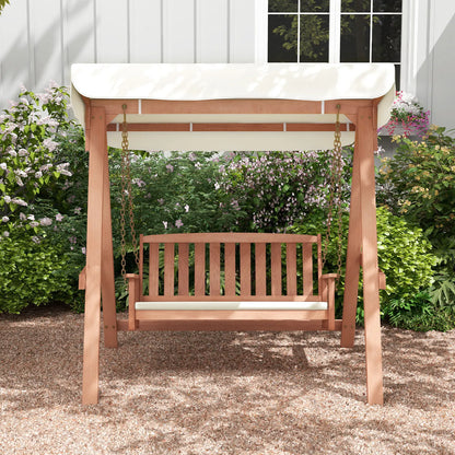 GOFLAME Wood Porch Swing w/ Canopy, Outdoor 2-Seat Swing Bench w/ A Frame, Sturdy Metal Hanging Chains