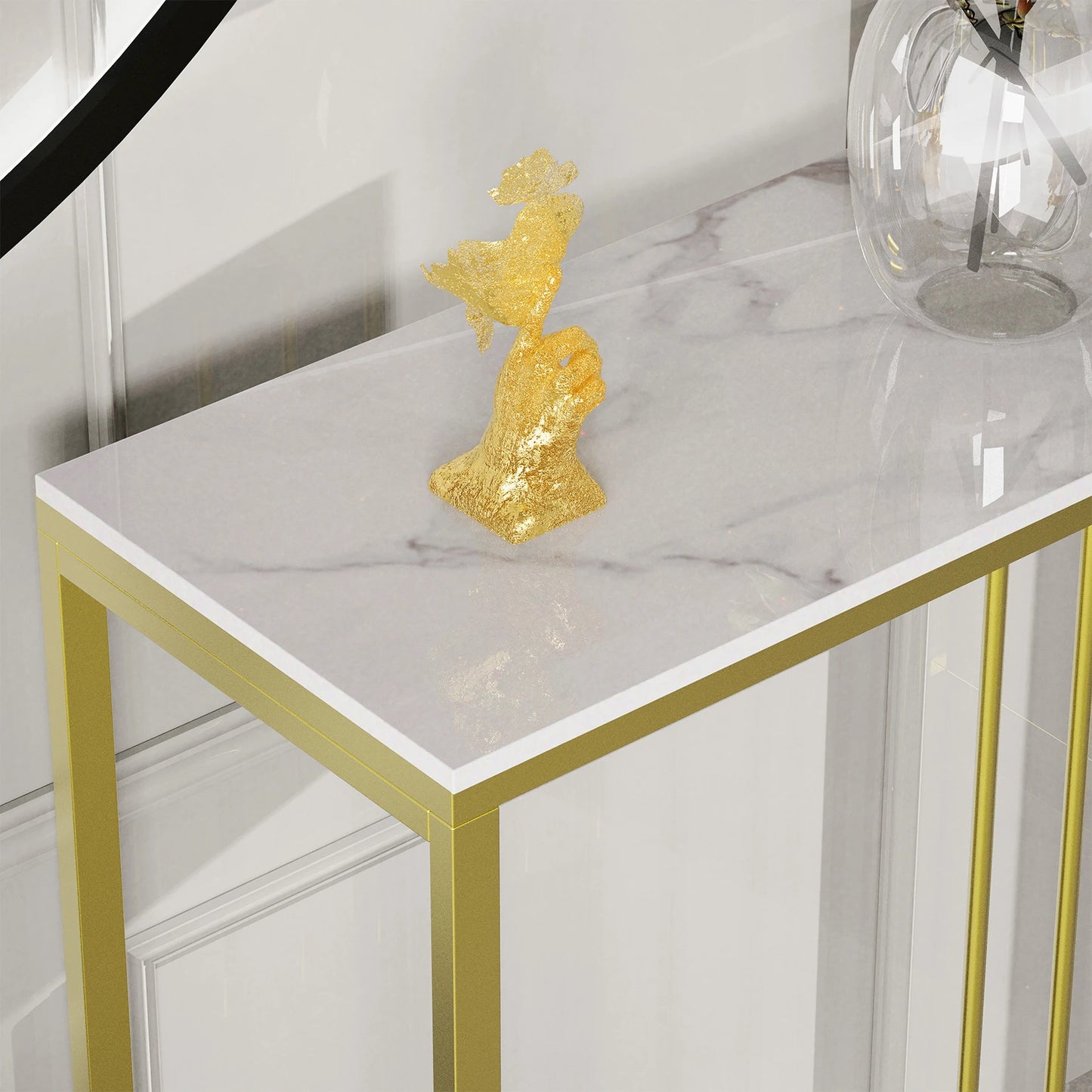 Modern Accent Console Marble Table Gold Metal Frame Storage Display Shelf Narrow Table for Hallway Entryway Living Room Entrance