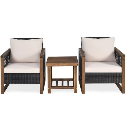 GOFLAME 3 PCS Patio Furniture Set, Outdoor Conversation Set with Acacia Wood Coffee Table & 2 PE Rattan Chairs