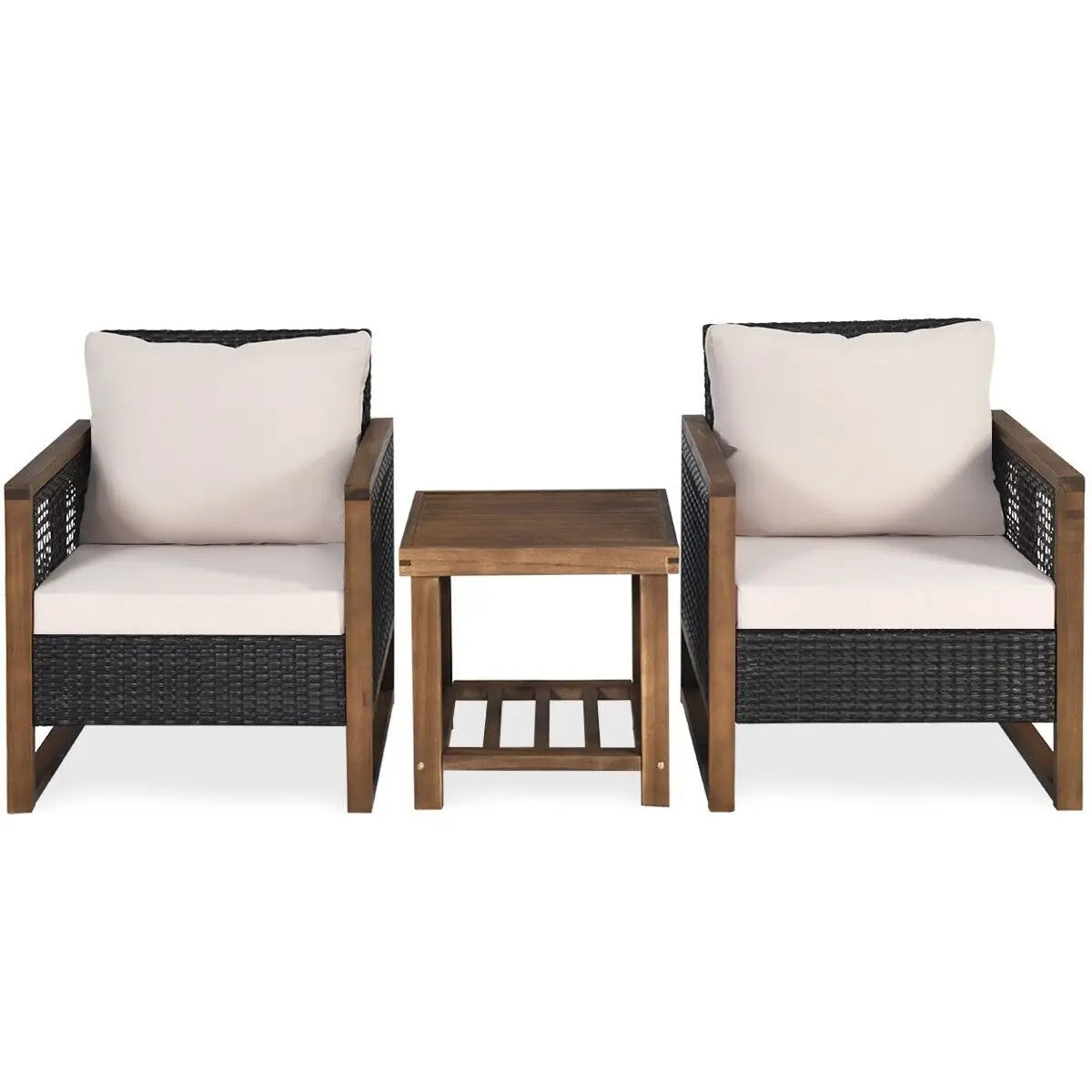 GOFLAME 3 PCS Patio Furniture Set, Outdoor Conversation Set with Acacia Wood Coffee Table & 2 PE Rattan Chairs