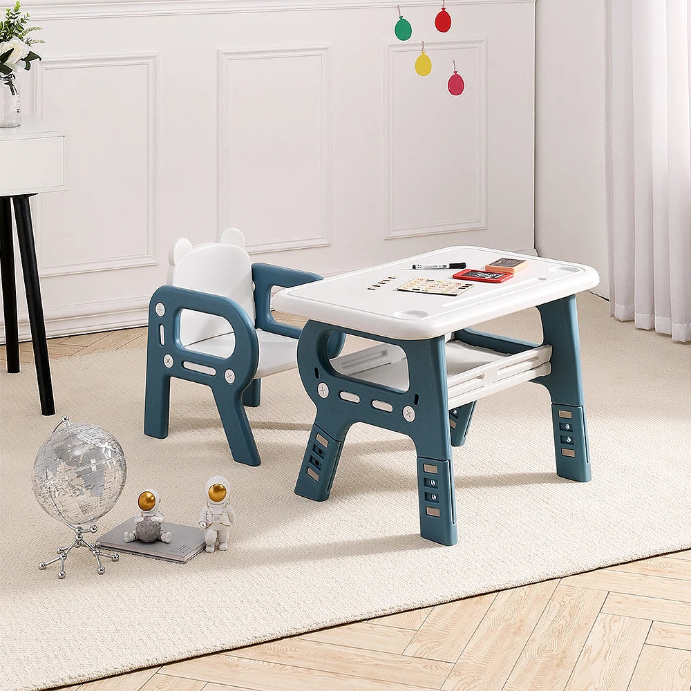 Kids Acticity Rounded Corners Desk Chair Set Height Adjustable with 3 Height Settings Recessed Cup Holer