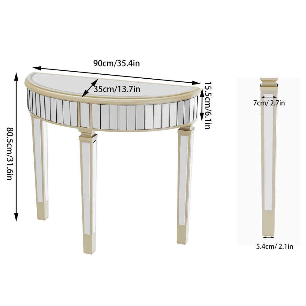 LUVODI Half-Round Mirrored Glass Console Table Modern Silver Curved Entryway Porch Desk for Porch,Living Room,Bedroom