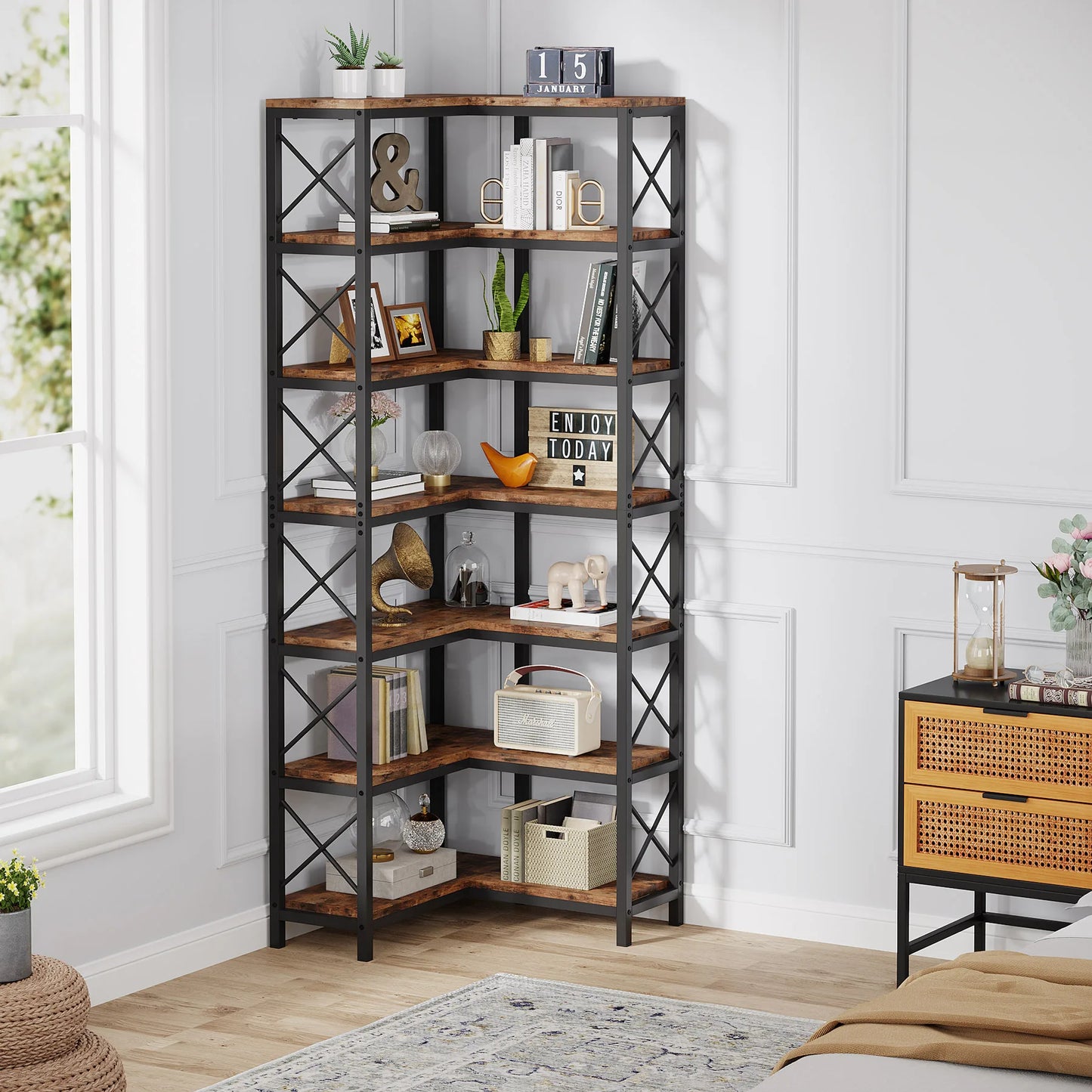 7-Shelf Corner Bookshelf,Large Modern Corner Bookcase, 7-Tier Tall Corner Shelf Storage Display Rack with Metal Frame