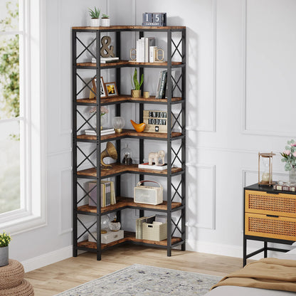 7-Shelf Corner Bookshelf,Large Modern Corner Bookcase, 7-Tier Tall Corner Shelf Storage Display Rack with Metal Frame