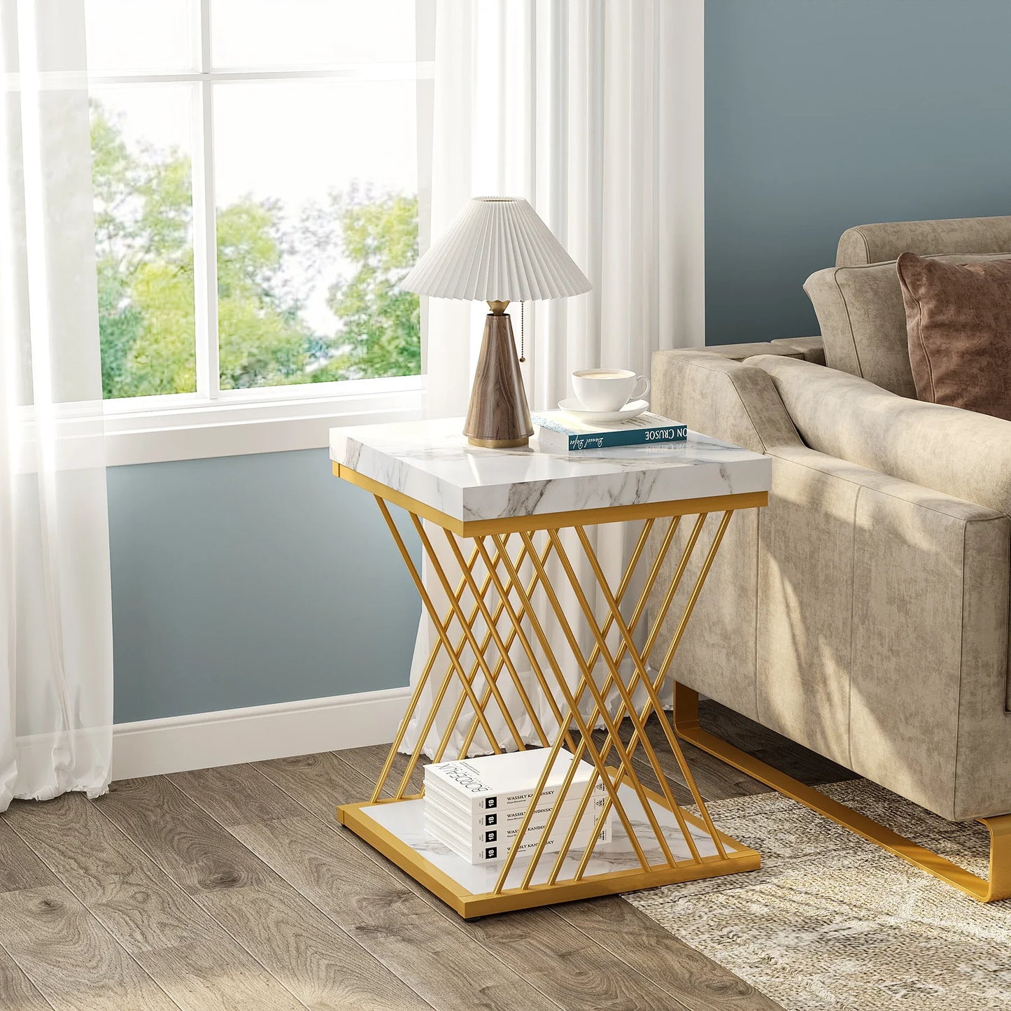 Square Side Table White Gold Side  Set of 2, 2-Tier End Table Modern Bedside Table Small Side