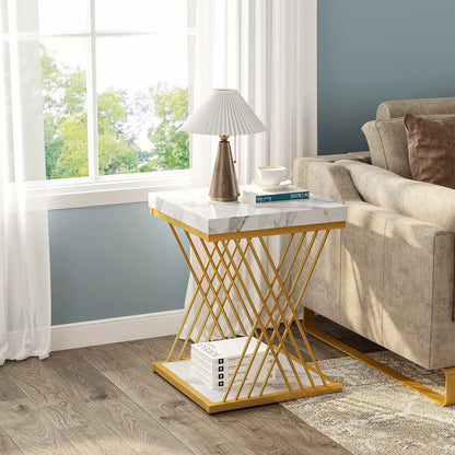 Square Side Table White Gold Side  Set of 2, 2-Tier End Table Modern Bedside Table Small Side