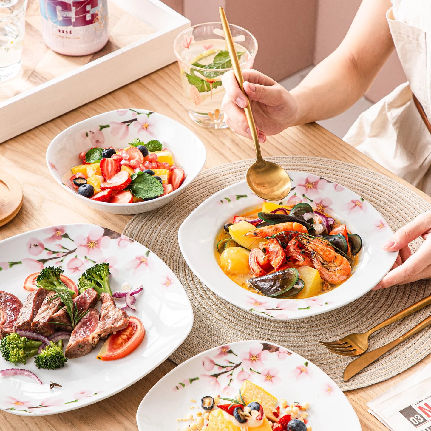 VEWEET ANNIE 48-Piece Porcelain Ceramic Tableware Dinner Plate Set with Bowl,Dessert Plate,Soup Plate,Dinner Plate for 12 Person