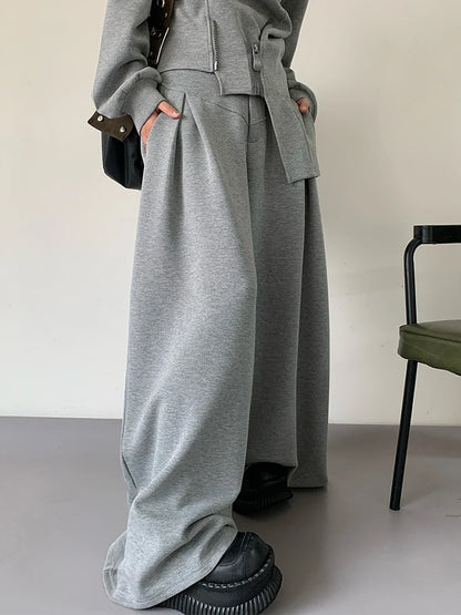 EAM Gray Irregular Zipper Spliced Sweatshirt New Stand Collar Long Sleeve Waist Women Fashion Tide Spring Autumn 2025 30A3036