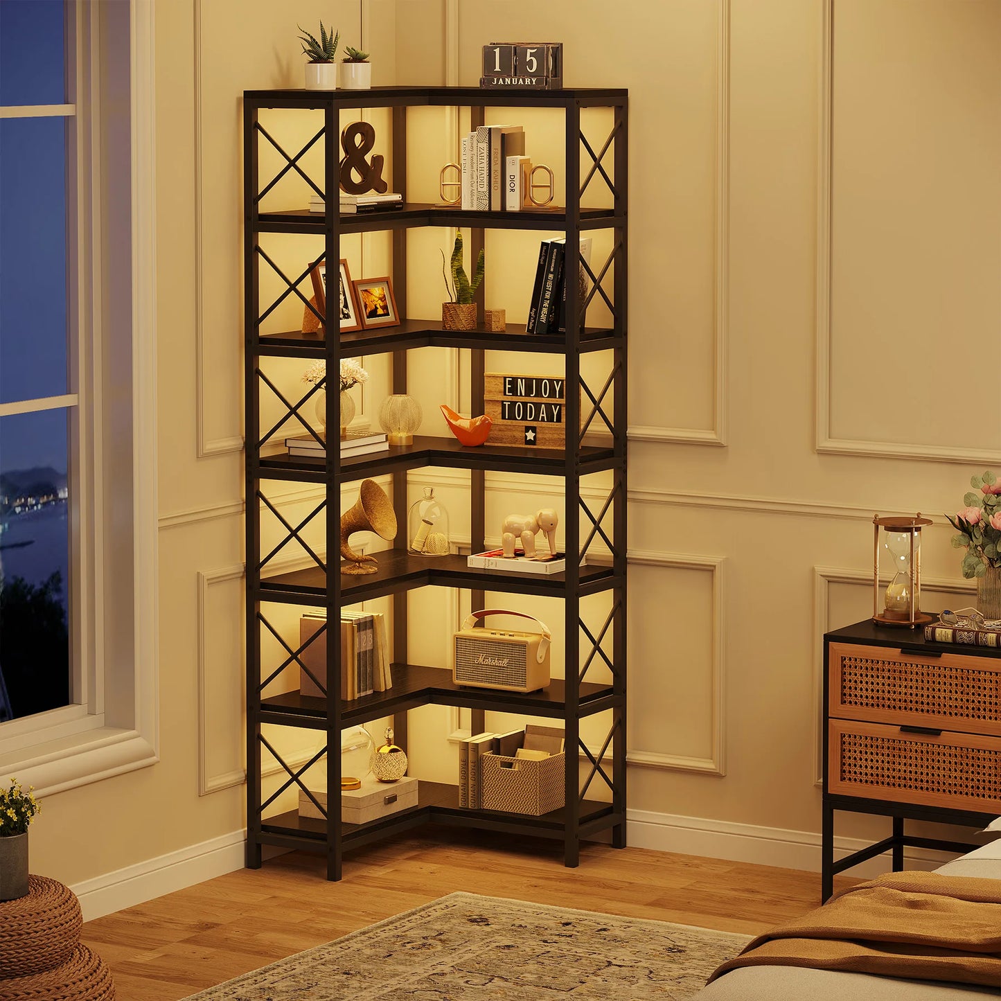 7-Shelf Corner Bookshelf,Large Modern Corner Bookcase, 7-Tier Tall Corner Shelf Storage Display Rack with Metal Frame