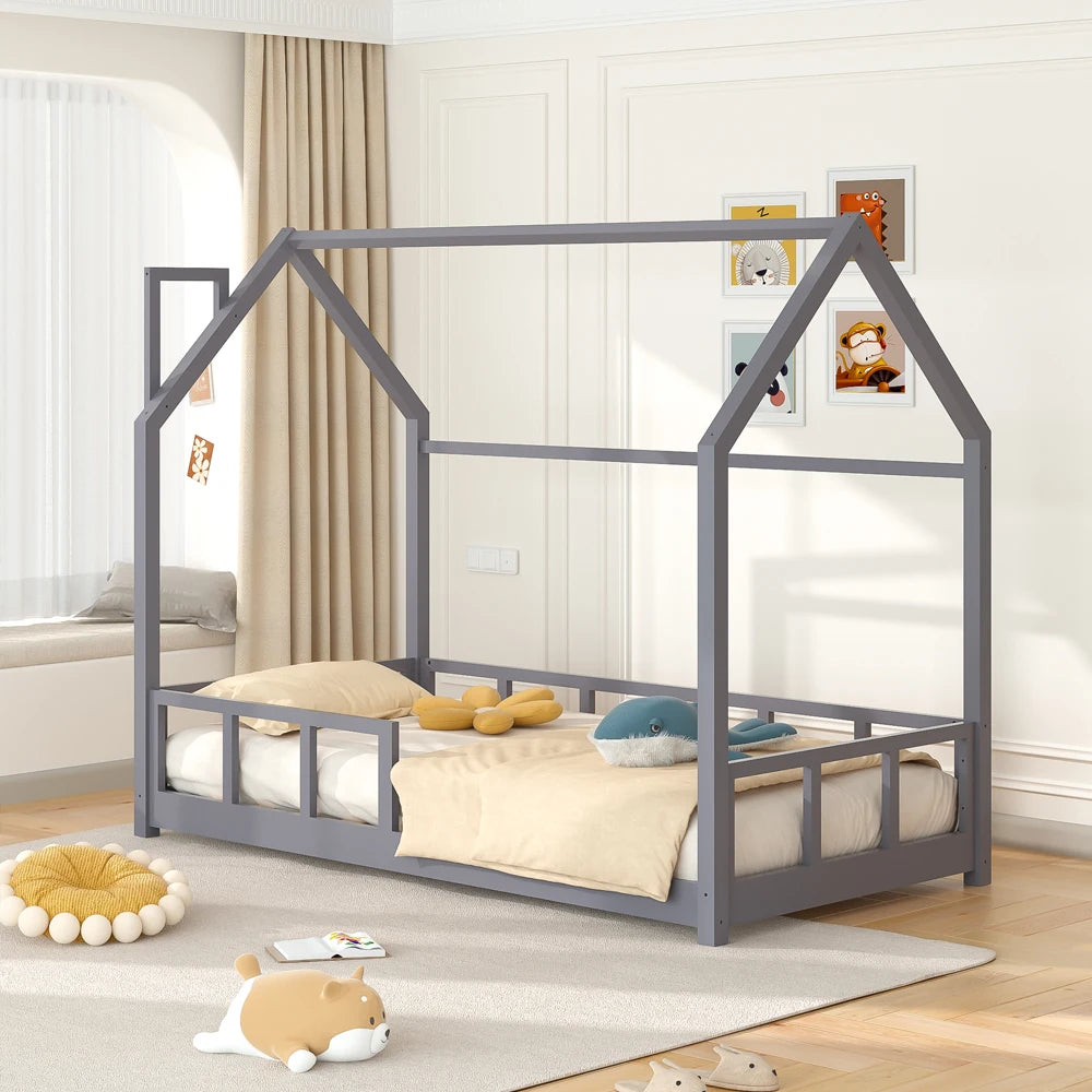 Wooden House Bed Frame with Fence Roof, White&Grey