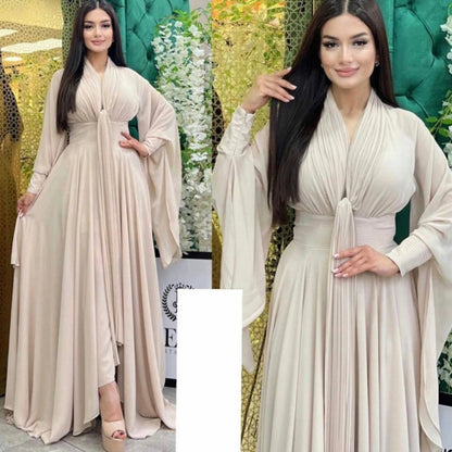Aileen Modest Chiffon فساتين السهرة Green Prom Dresses Customized Muslim Trumpet Sleeve Vestidos De Noche Silk Chiffon Prom Gown