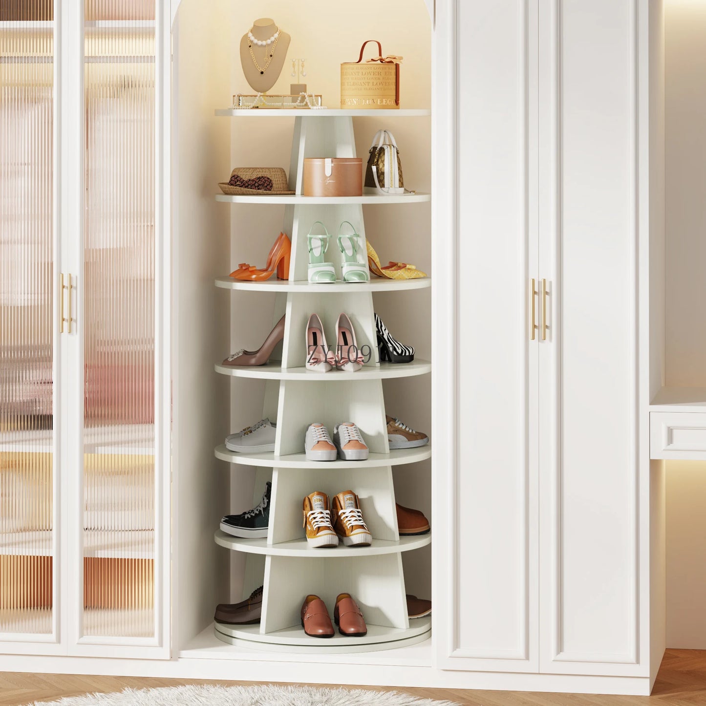 Rotating Shoe Rack, 7-Tier Revolving 24 Pairs Shoe Shelf Tower, Wood Space-Saving 360° Spinning Shoe Organizer