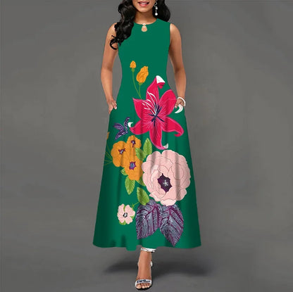 Flower Print New Casual Sleeveless Long Dress