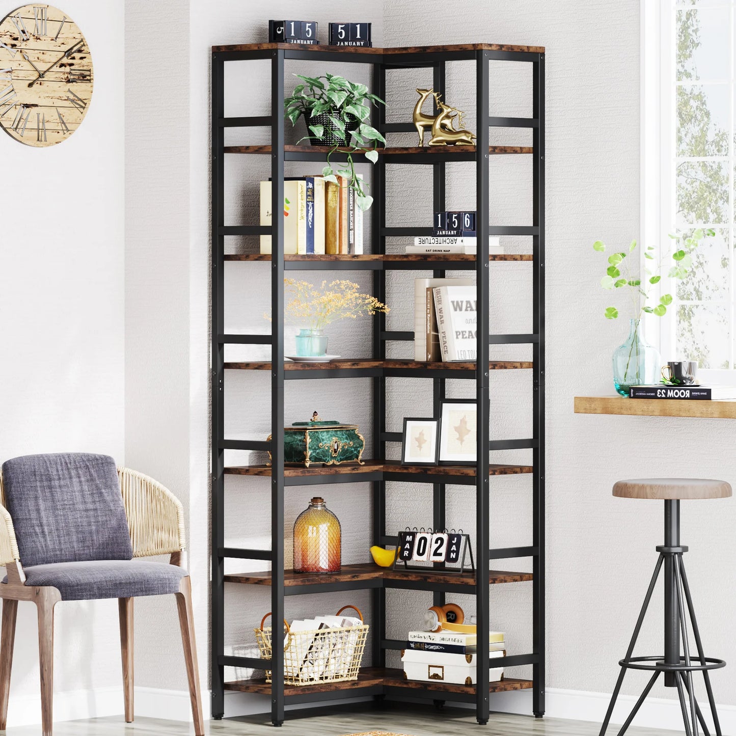 7-Shelf Corner Bookshelf,Large Modern Corner Bookcase, 7-Tier Tall Corner Shelf Storage Display Rack with Metal Frame