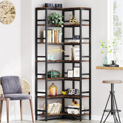 7-Shelf Corner Bookshelf,Large Modern Corner Bookcase, 7-Tier Tall Corner Shelf Storage Display Rack with Metal Frame