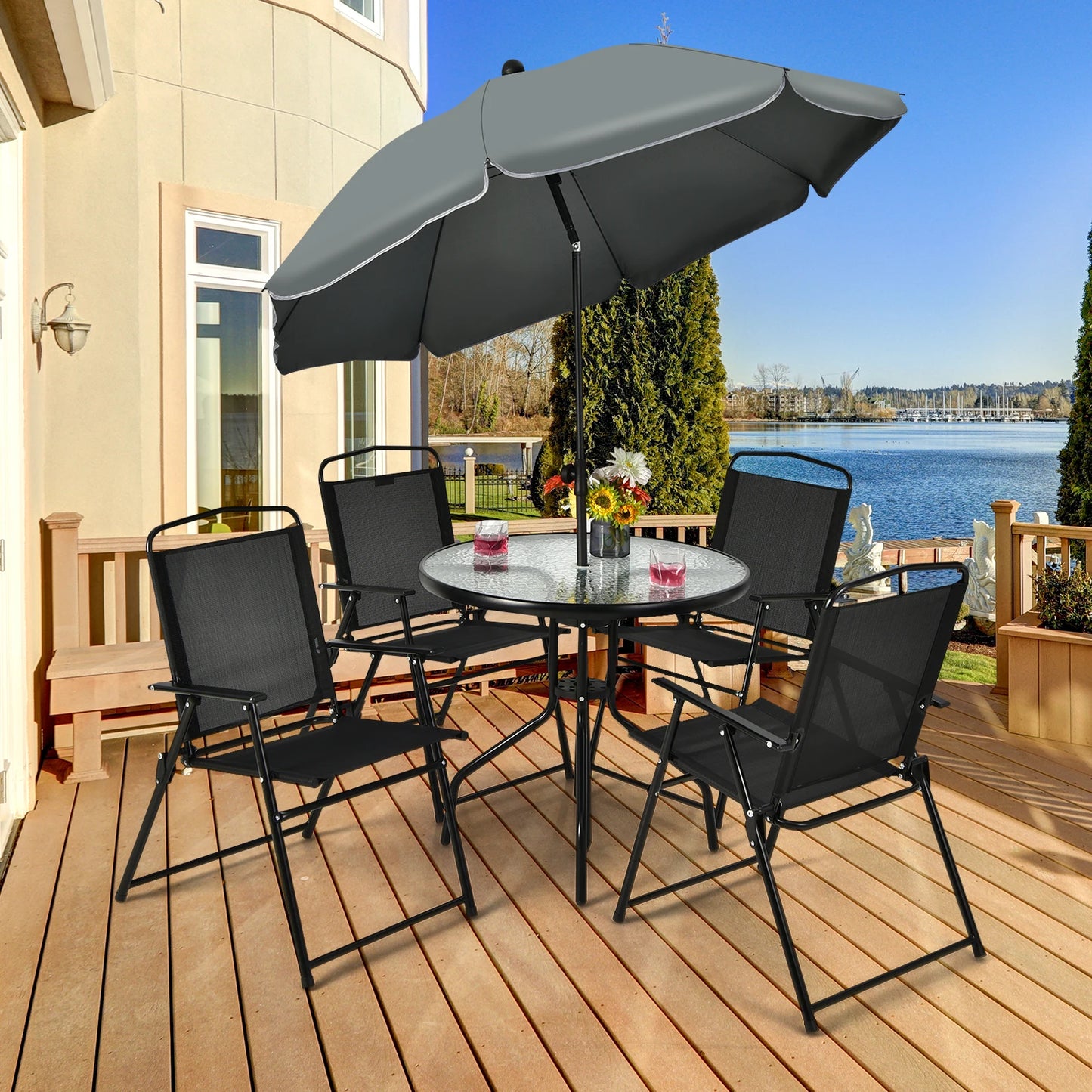 GOFLAME 6 Pieces Patio Table Set w/Adjustable Umbrella, 80 CM Round Table & 4 Folding Chairs Set