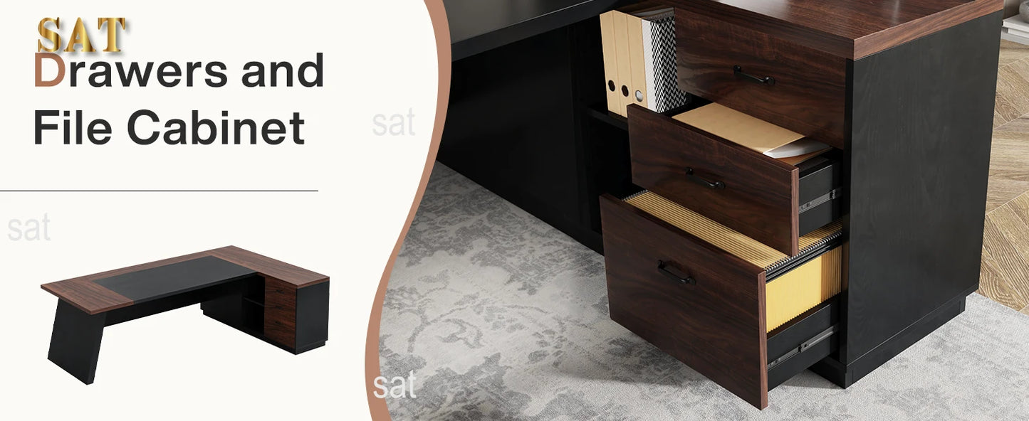 78" L-Shaped Executive Desk Large Office Desk with Drawers and Lateral File Cabinet