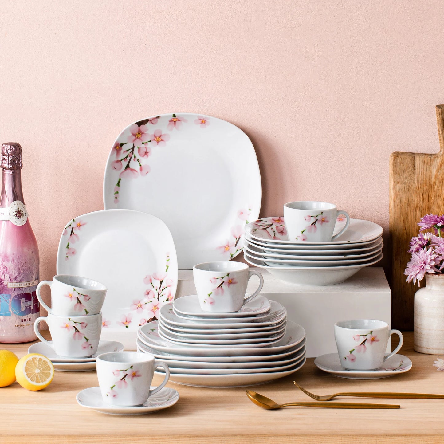 VEWEET ANNIE 60-Piece White Ceramic Pink Floral Porcelain Plate Set with Dinner Soup Dessert Plate ,Cups Saucers for 12 Person