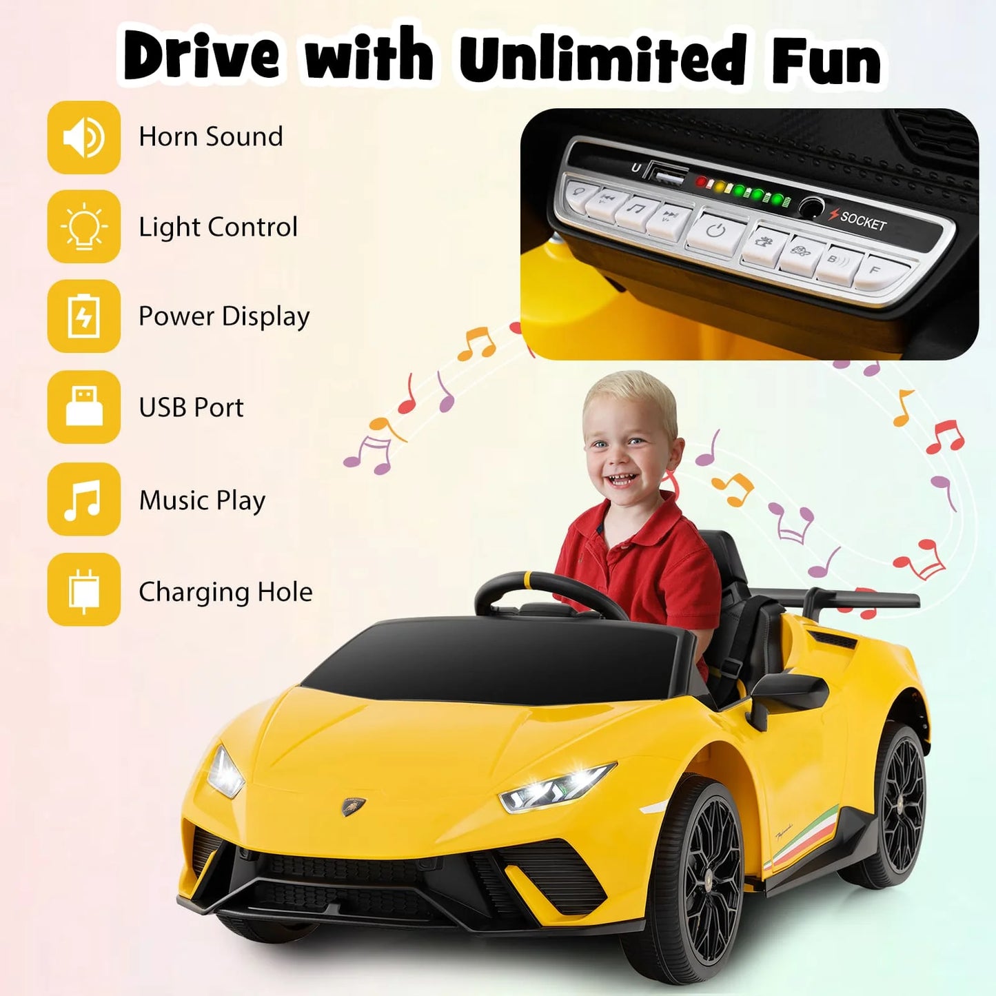 DORTALA Lamborghini Kids Ride on Car 12V Battery Powered Electric Vehicle-Yellow