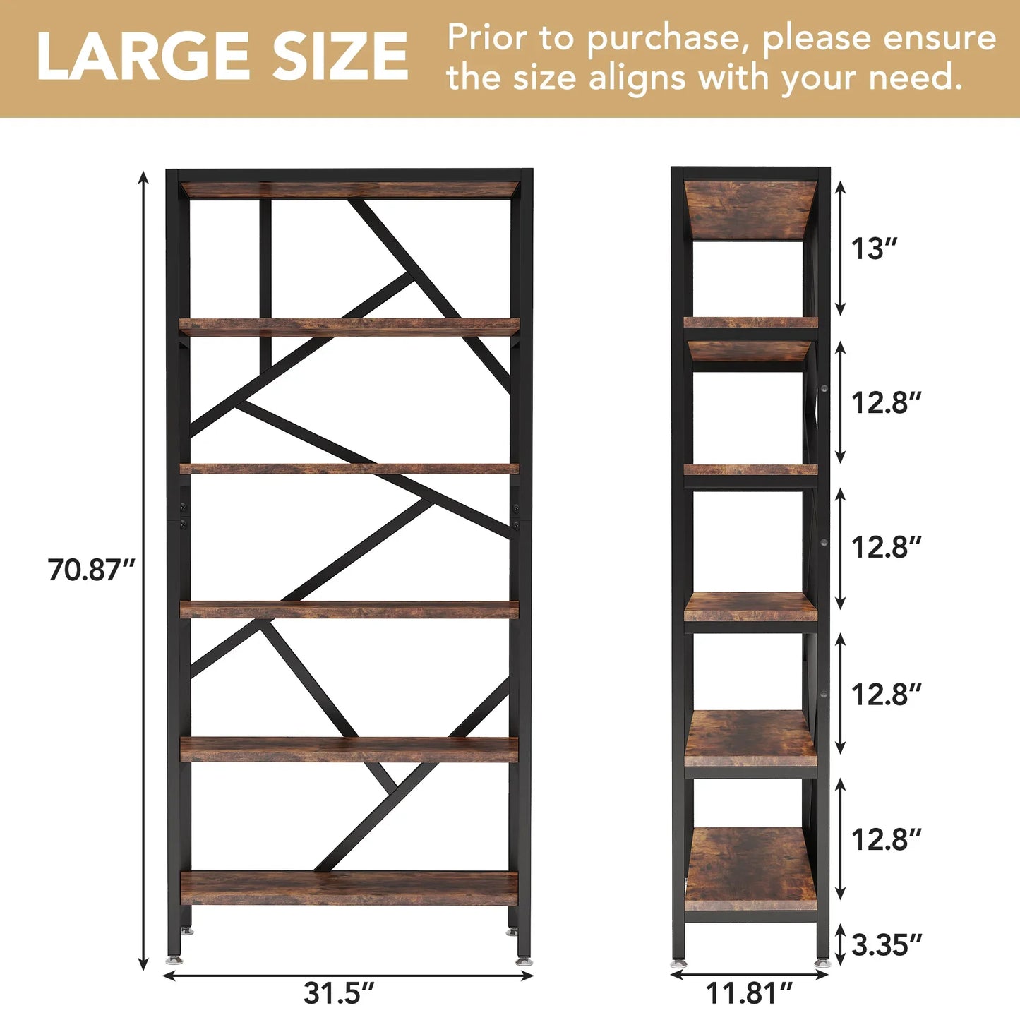 Bookshelf 71" Industrial Etagere Bookcase 5 Shelf Display Rack For Living Room