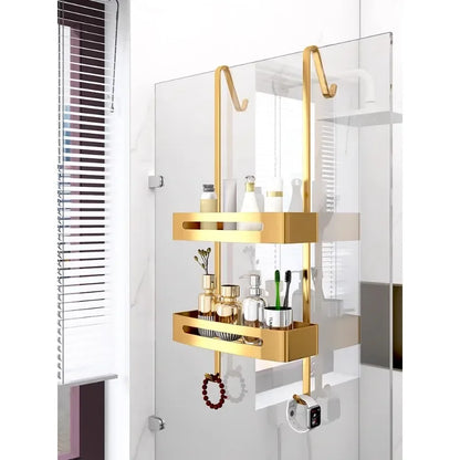 Pull Gold Shower Room Frame Large Capacity Bathroom Double Layer Hanging Basket Without Perforated Wall Hanging Receive Hook