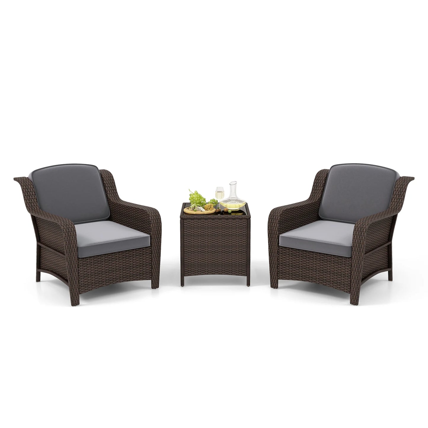GOFLAME 3 Pieces Outdoor Patio Furniture Set, PE Rattan Wicker Chairs with Cushions and Tempered Glass Coffee Table