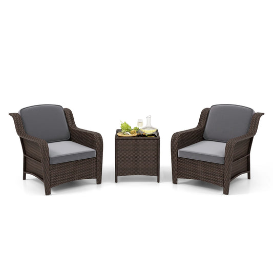 GOFLAME 3 Pieces Outdoor Patio Furniture Set, PE Rattan Wicker Chairs with Cushions and Tempered Glass Coffee Table