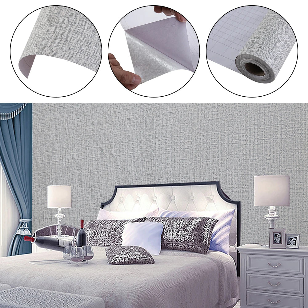 Grey Linen Textured PVC Self-adhesive Wallpaper, Waterproof and Moisture-resistant, 1000cm L x 45cm W