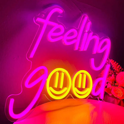 Feeling Good Neon Sign LED Neon Lights for Bedroom Wall Decor Room, Home Bar Party Decoration Pink Neon Light Art Gift for Girl