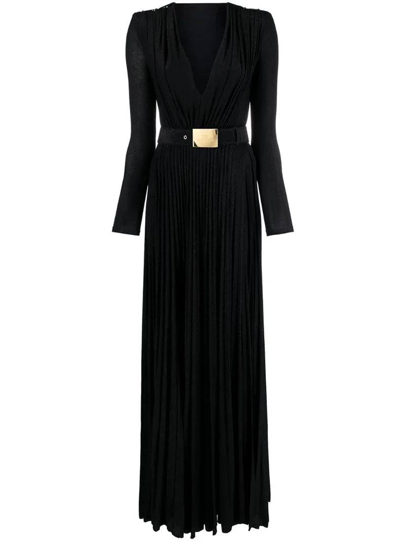 Tinaa Women Evening Dresses Belted Pleated Solid Color Split-side Long Sleeves Wrap V-neck Maxi Dresses for Ladies Party Dress