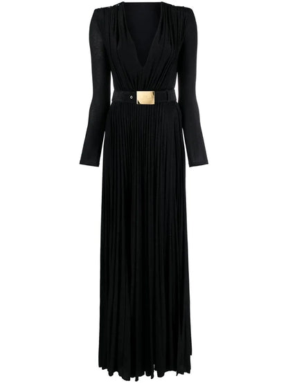 Tinaa Women Evening Dresses Belted Pleated Solid Color Split-side Long Sleeves Wrap V-neck Maxi Dresses for Ladies Party Dress