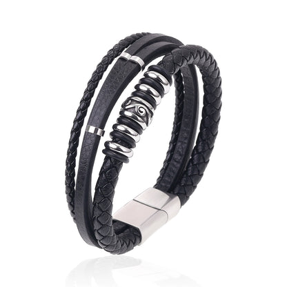 Luxury Stainless Steel Beaded Bracelet Fashion Men's Jewelry Classic Multilayer Braided Leather Bracelet Homme New Year Men Gift